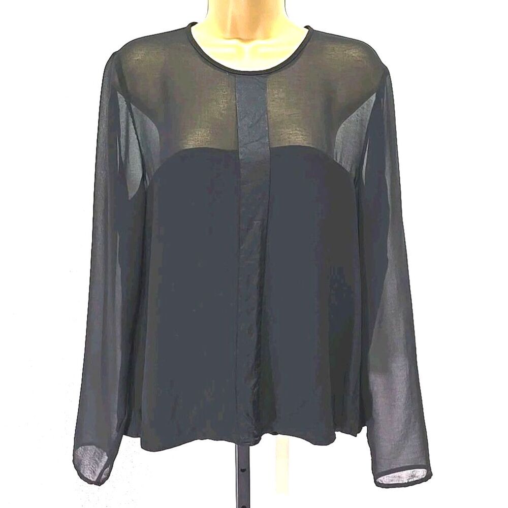 Zara Black Crepe Sheer Satin Stripe Blouse Lge Minimalist Cocktail Evening Party